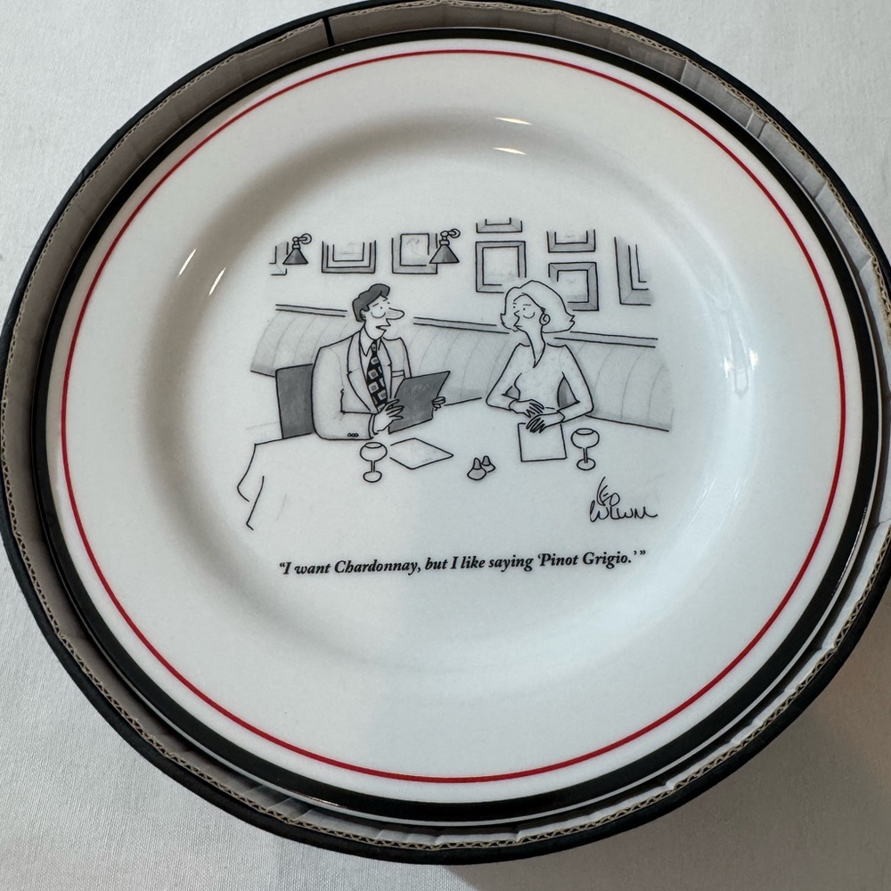 The New Yorker Cheese Appetizer Comic plates White Trim Set Of 6  8”